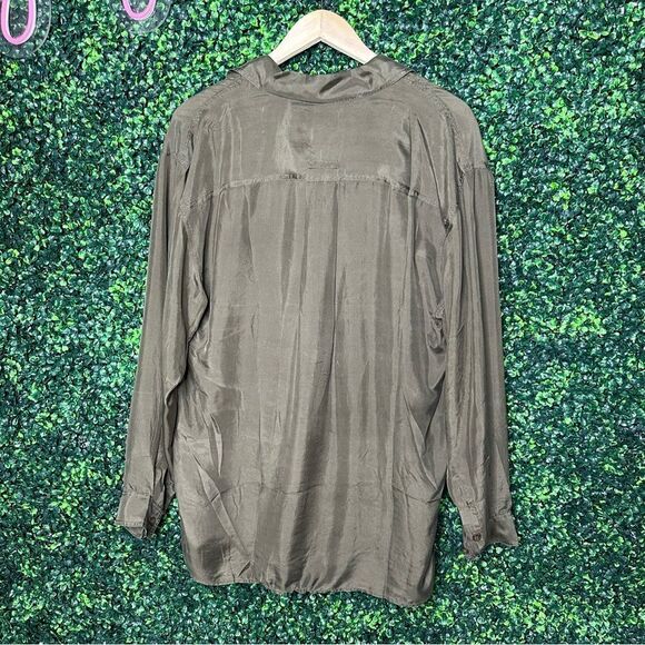 Vintage Olive Green 100% Silk Soft Button Down Shirt Top Sz L - Picture 2 of 4